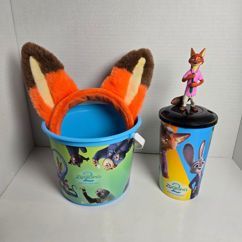 Zootopia 2 Disney AMC Popcorn Bucket, Nick Wilde Ears Headband, Cup w/ Topper
